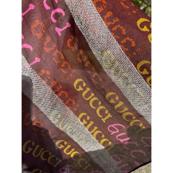 MSRP $330✨ Gucci Metallic Logo Scarf Wrap – 70” x 20” | Brown Pink Chartreuse ✨ - Picture 7 of 10